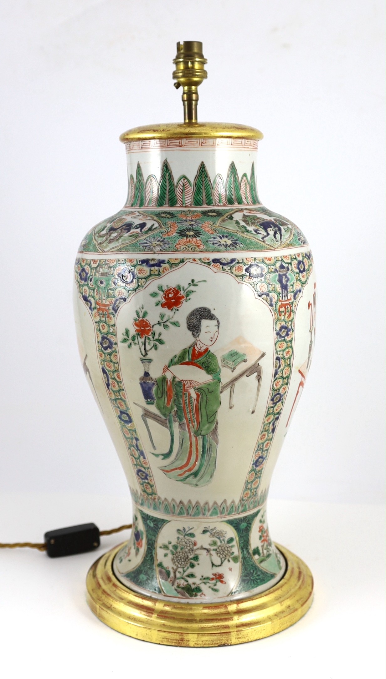 A Chinese famille verte baluster ‘Four Beauties’ baluster vase, Kangxi period, vase 42cm high, lower third restored, base lacking and mounted as a lamp, total height 53cm